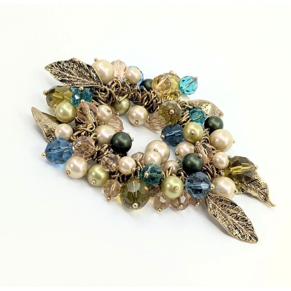 VTG Y2K Beaded Chunky Bracelet Pearl Leaves Botanical Double Tone‎ Fairy Boho